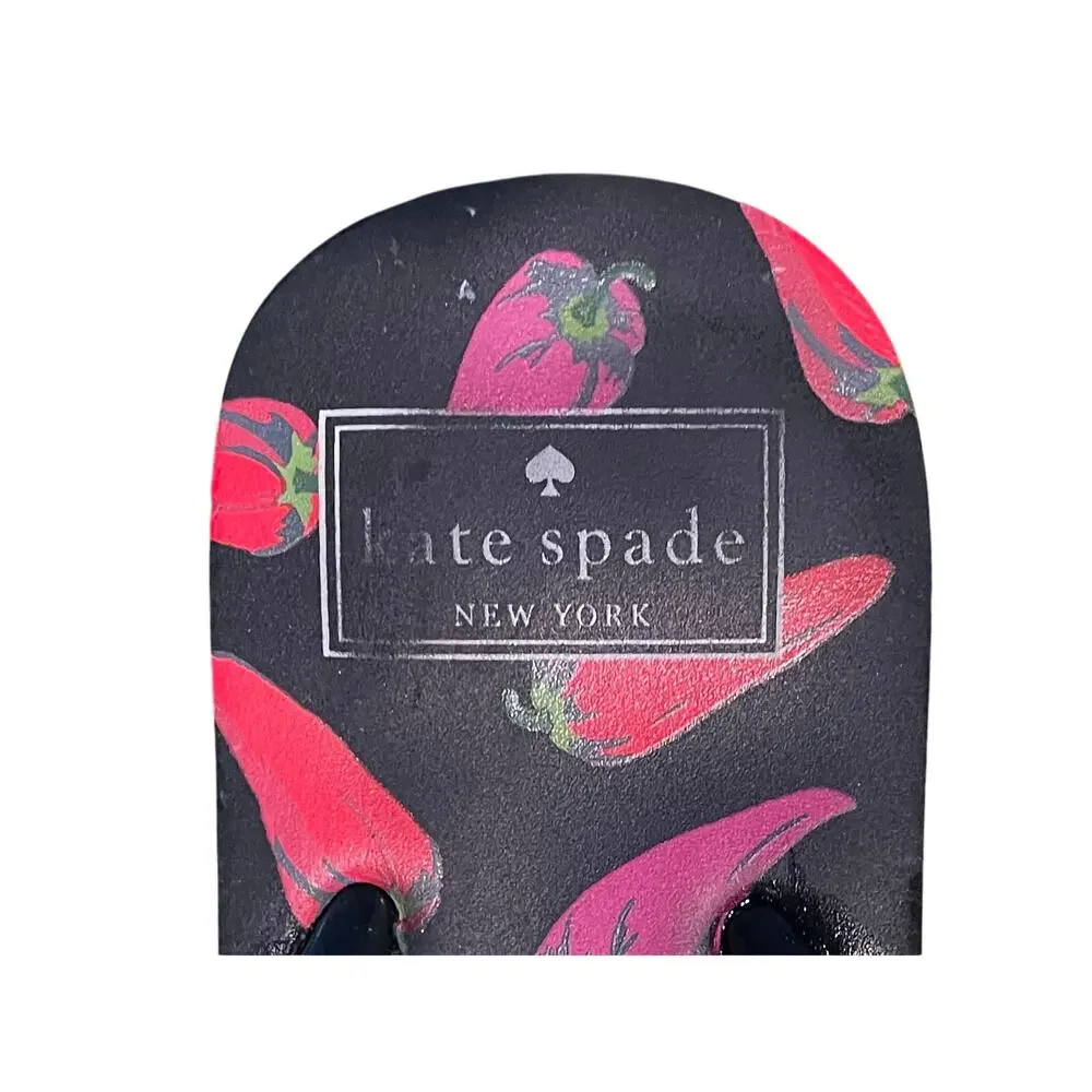 Kate Spade Flip Flops, Black, Red, Chili Pepper Print, Bow Detail, Size 7/8